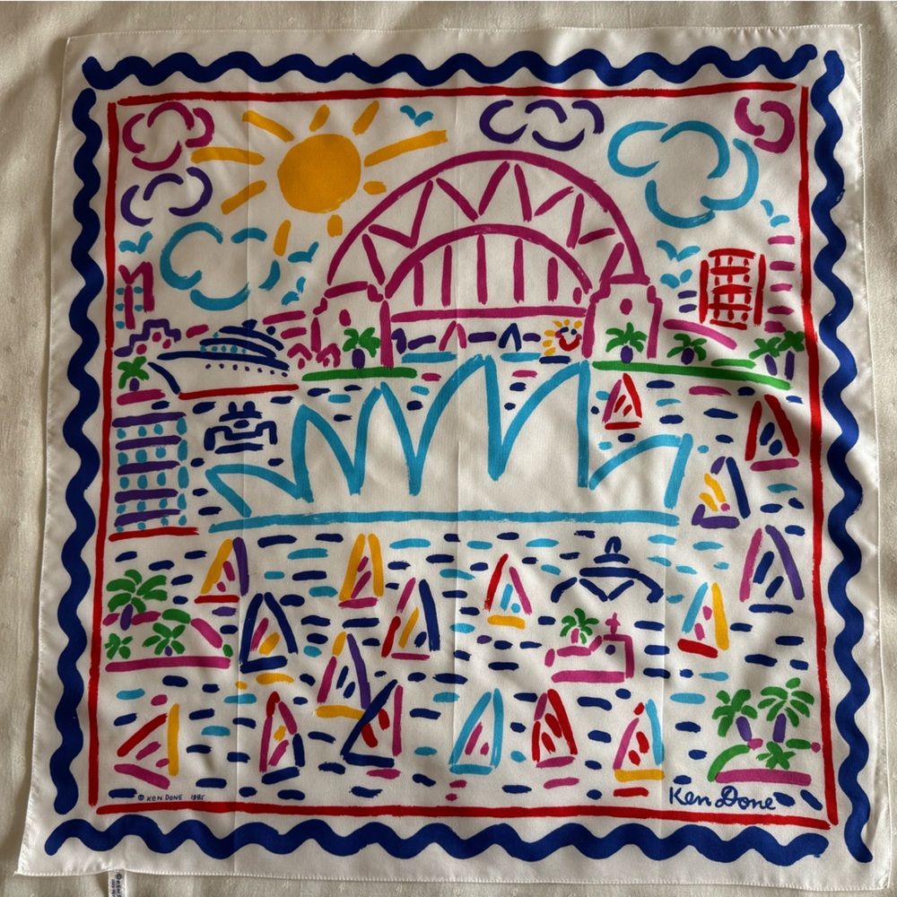 ☀️Ken Done Scarf ~ Colorful Printed Art - Iconic Vintage 80’s‼️Made in Japan. 🖌️ - Picture 2 of 7
